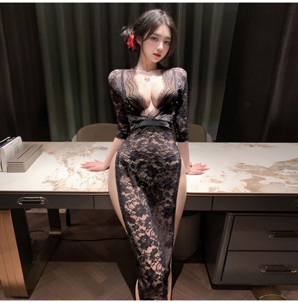 FEE ET MOI - Sheer Lace Deep V Slit Maxi Dress (Black)